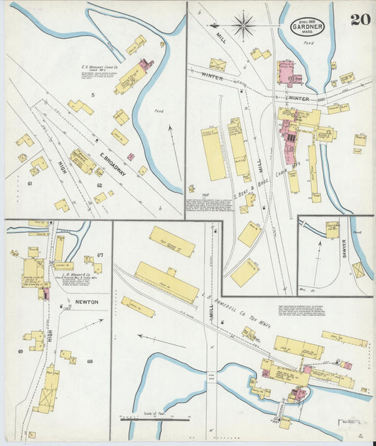 Sanborn Fire Insurance Map from Gardner, Worcester County, Massachusetts (1905), Sheet #0020 - Historic Sanborn Fire Insurance Map Print, vintage old map wall art, antique decor, genealogy gift, Massachusetts Massachusetts map