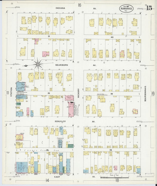 Sanborn Fire Insurance Map from Kankakee, Kankakee County, Illinois (1907), Sheet #0015 - Historic Sanborn Fire Insurance Map Print, vintage old map wall art, antique decor, genealogy gift, Illinois Illinois map