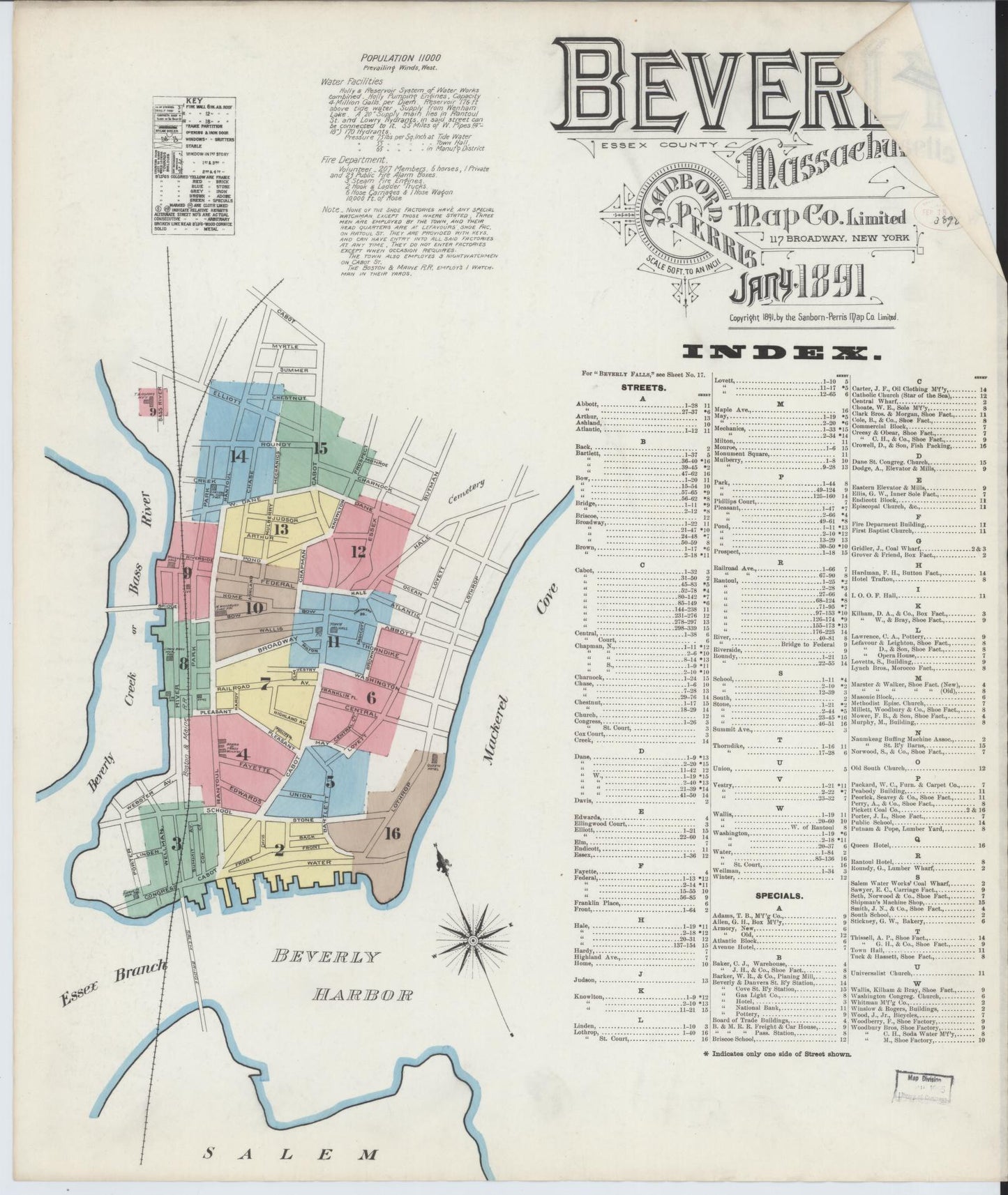 Sanborn Fire Insurance Map from Beverly, Essex County, Massachusetts (1891), Sheet #0001 - Historic Sanborn Fire Insurance Map Print, vintage old map wall art, antique decor, genealogy gift, Massachusetts Massachusetts map