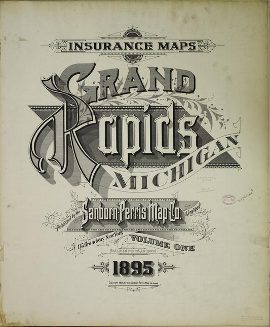 Sanborn Fire Insurance Map from Grand Rapids, Kent County, Michigan (1895), Sheet #0001 - Historic Sanborn Fire Insurance Map Print, vintage old map wall art, antique decor, genealogy gift, Michigan Michigan map