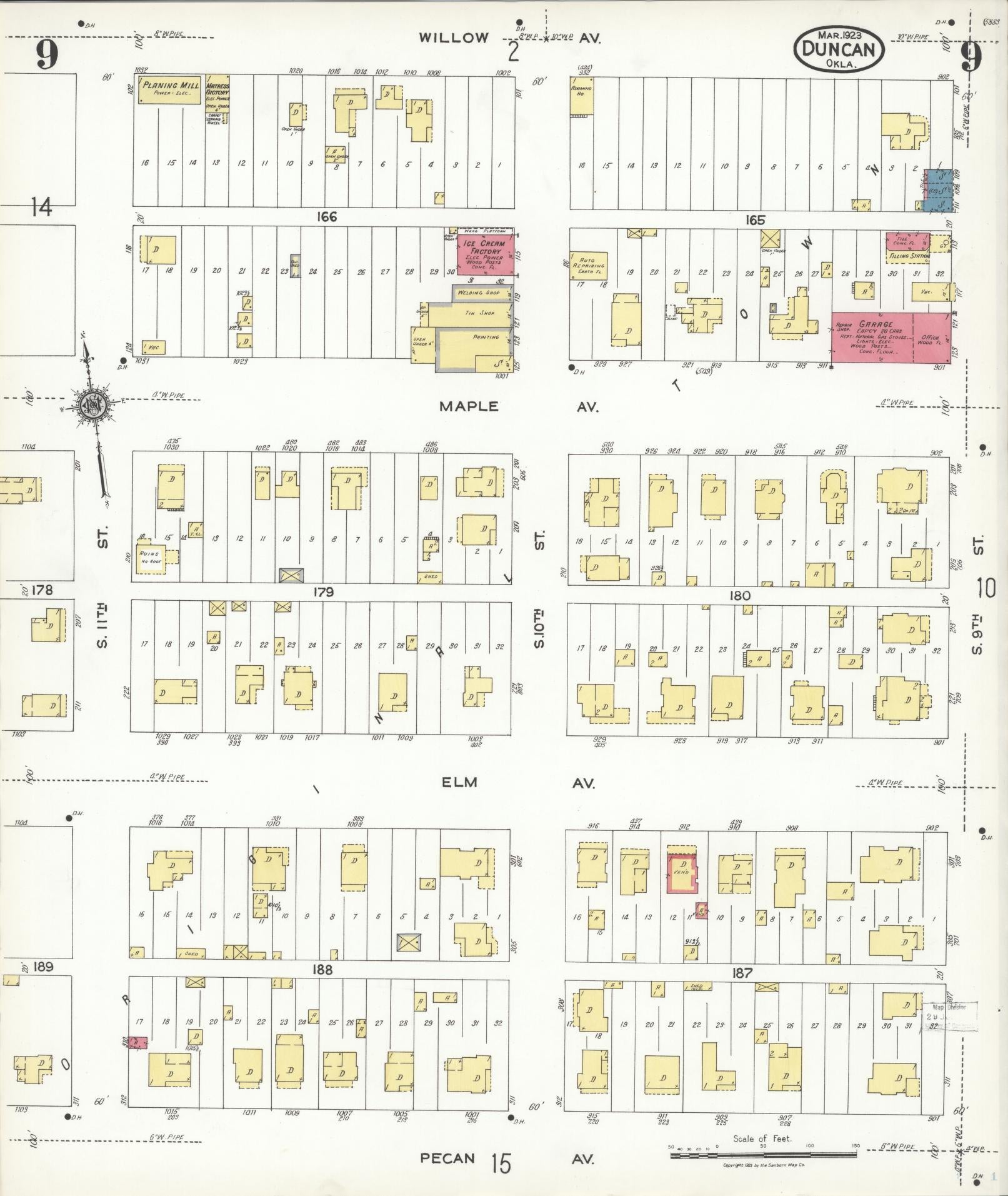 Sanborn Fire Insurance Map from Duncan, Stephens County, Oklahoma (1923), Sheet #0009 - Historic Sanborn Fire Insurance Map Print, vintage old map wall art, antique decor, genealogy gift, Oklahoma Oklahoma map