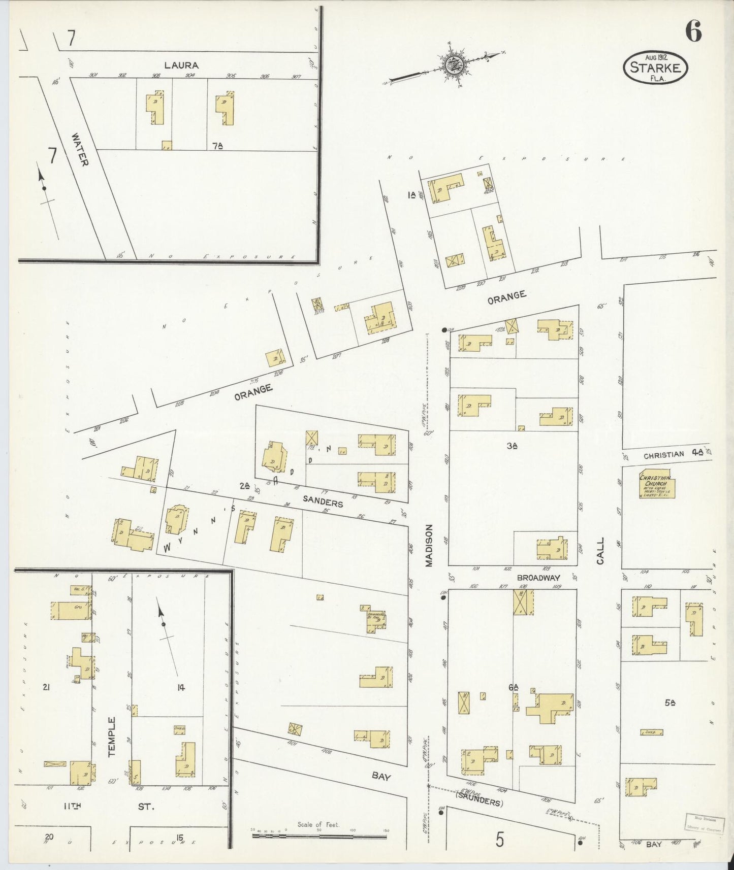 Sanborn Fire Insurance Map from Starke, Bradford County, Florida (1912), Sheet #0006 - Historic Sanborn Fire Insurance Map Print, vintage old map wall art, antique decor, genealogy gift, Florida Florida map