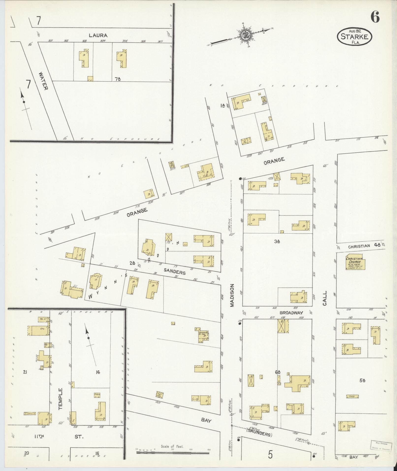 Sanborn Fire Insurance Map from Starke, Bradford County, Florida (1912), Sheet #0006 - Historic Sanborn Fire Insurance Map Print, vintage old map wall art, antique decor, genealogy gift, Florida Florida map