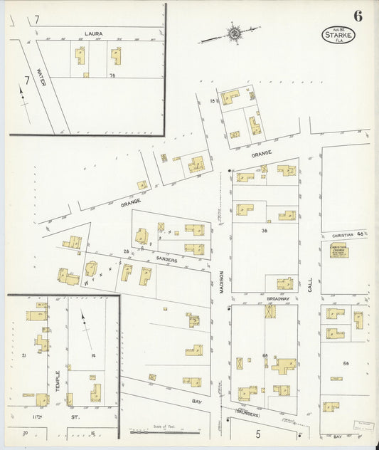Sanborn Fire Insurance Map from Starke, Bradford County, Florida (1912), Sheet #0006 - Historic Sanborn Fire Insurance Map Print, vintage old map wall art, antique decor, genealogy gift, Florida Florida map