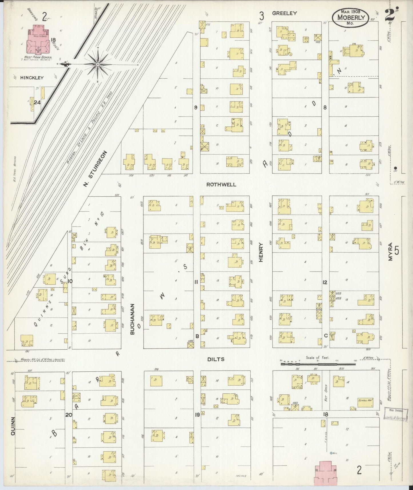Sanborn Fire Insurance Map from Moberly, Randolph County, Missouri (1909), Sheet #0002 - Complete Map Set gallery image, historic Sanborn map, vintage wall art, Missouri Missouri