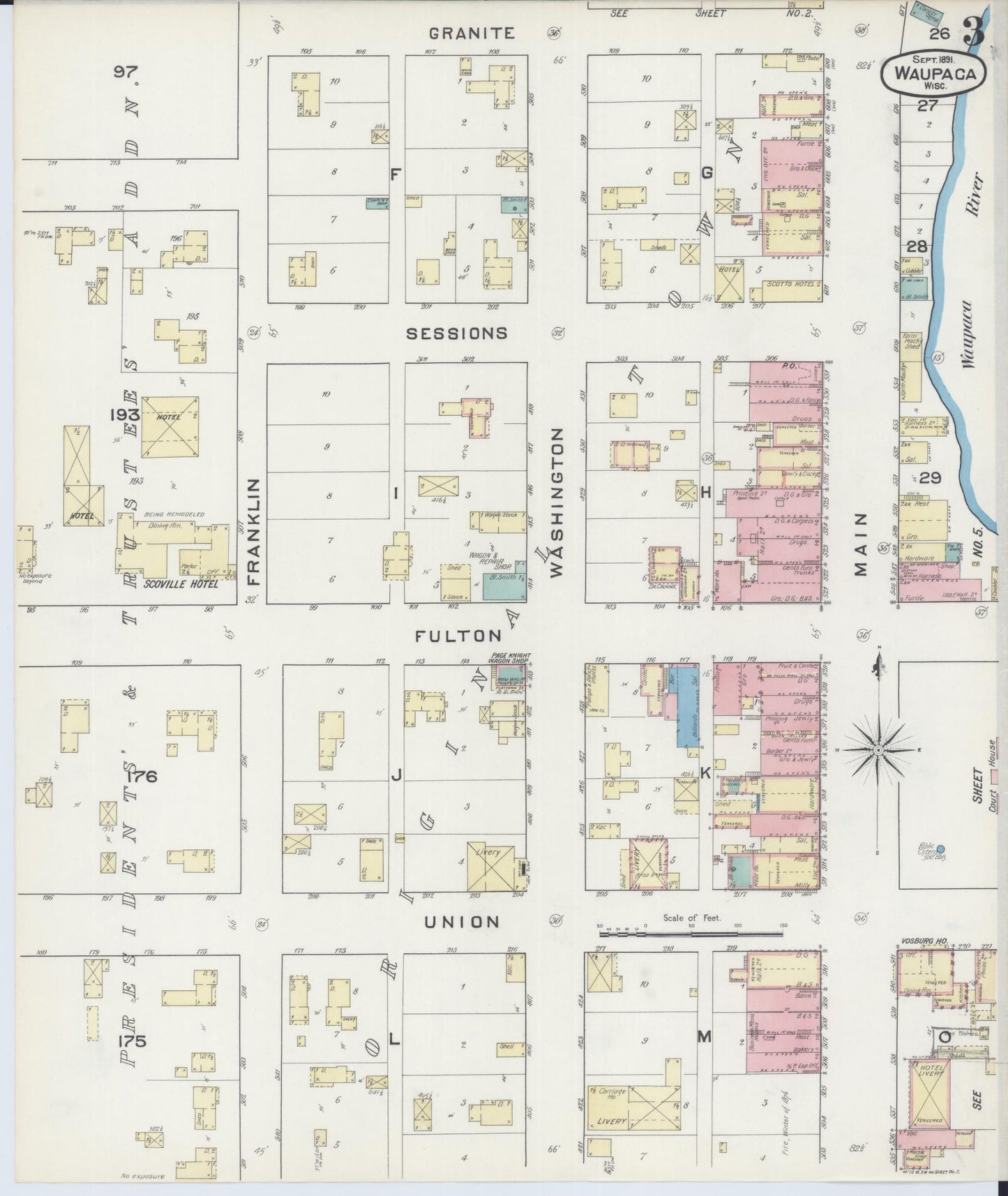 Sanborn Fire Insurance Map from Waupaca, Waupaca County, Wisconsin (1891), Sheet #0003 - Complete Map Set gallery image, historic Sanborn map, vintage wall art, Wisconsin Wisconsin