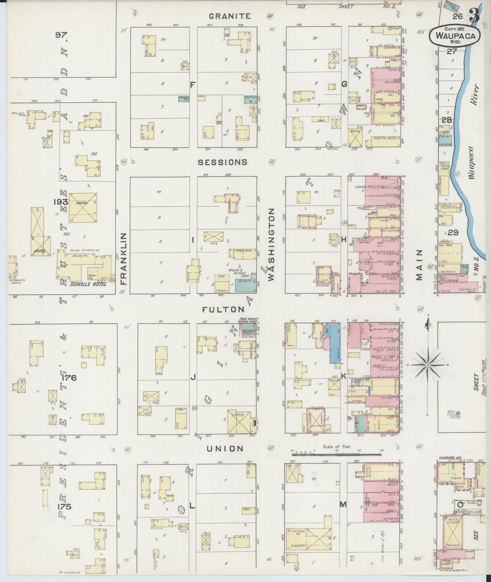 Sanborn Fire Insurance Map from Waupaca, Waupaca County, Wisconsin (1891), Sheet #0003 - Complete Map Set gallery image, historic Sanborn map, vintage wall art, Wisconsin Wisconsin