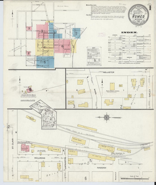 Sanborn Fire Insurance Map from Romeo, Macomb County, Michigan (1913), Sheet #0001 - Historic Sanborn Fire Insurance Map Print, vintage old map wall art, antique decor, genealogy gift, Michigan Michigan map