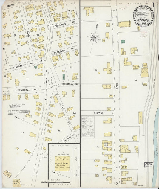Sanborn Fire Insurance Map from Wareham, Plymouth County, Massachusetts (1896), Sheet #0001 - Historic Sanborn Fire Insurance Map Print, vintage old map wall art, antique decor, genealogy gift, Massachusetts Massachusetts map