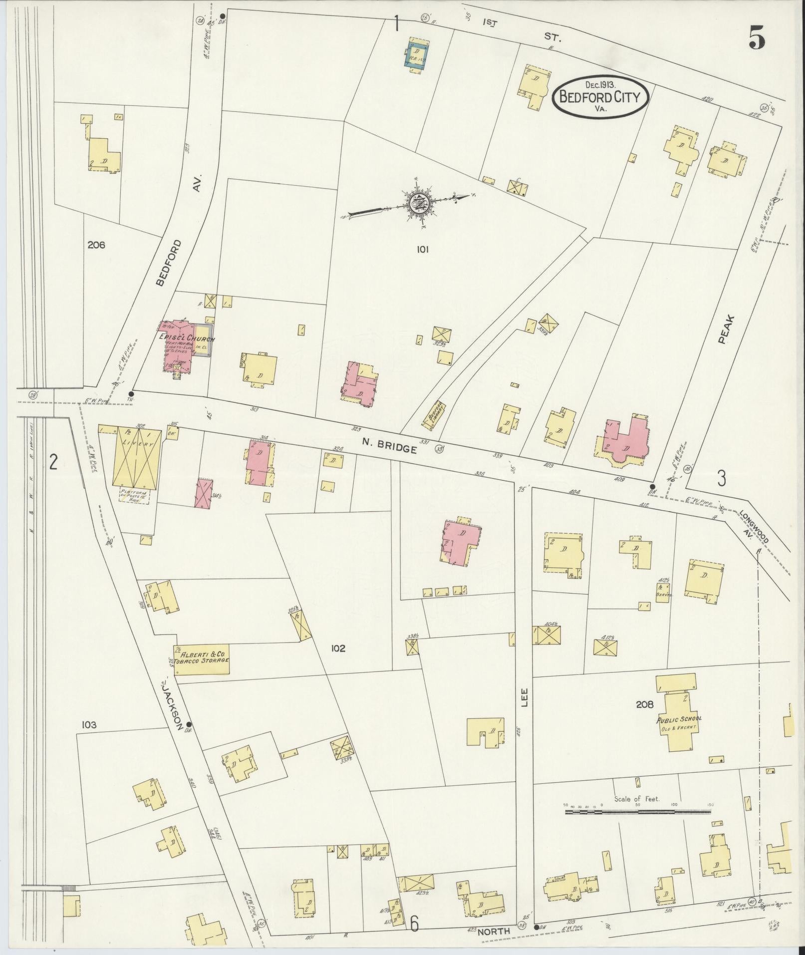 Sanborn Fire Insurance Map from Bedford, Independent Cities, Virginia (1913), Sheet #0005 - Complete Map Set gallery image, historic Sanborn map, vintage wall art, Virginia Virginia