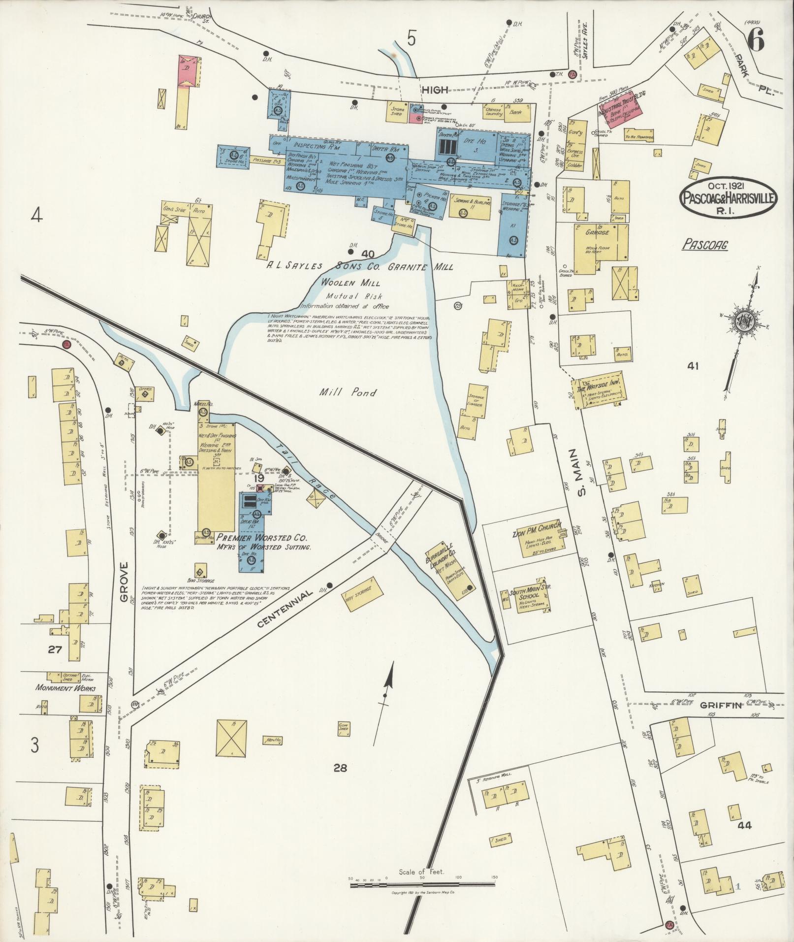 Sanborn Fire Insurance Map from Pascoag, Providence County, Rhode Island (1921), Sheet #0006 - Complete Map Set gallery image, historic Sanborn map, vintage wall art, Rhode Island Rhode Island