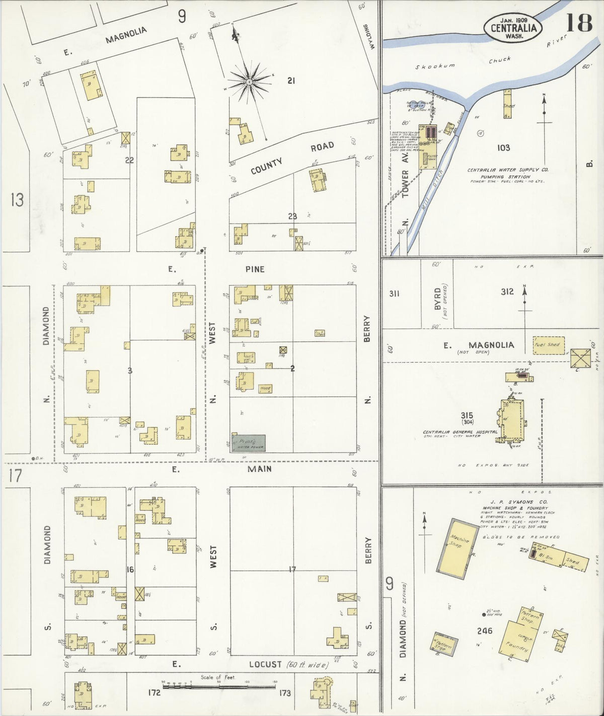 Sanborn Fire Insurance Map from Centralia, Lewis County, Washington (1909), Sheet #0018 - Historic Sanborn Fire Insurance Map Print, vintage old map wall art, antique decor, genealogy gift, Washington Washington map