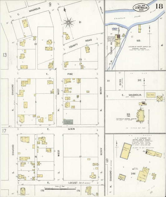 Sanborn Fire Insurance Map from Centralia, Lewis County, Washington (1909), Sheet #0018 - Historic Sanborn Fire Insurance Map Print, vintage old map wall art, antique decor, genealogy gift, Washington Washington map