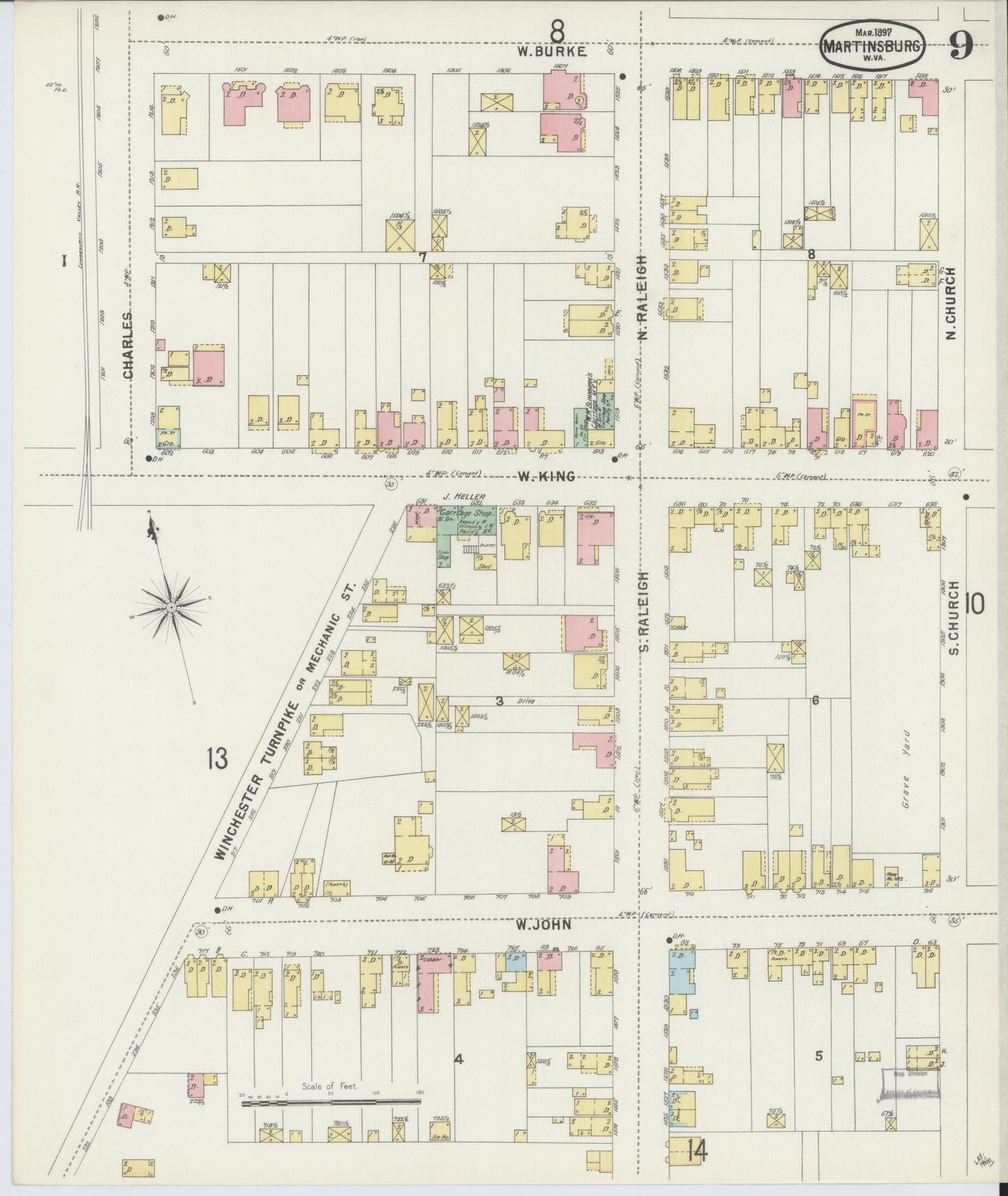 Sanborn Fire Insurance Map from Martinsburg, Berkeley County, West Virginia (1897), Sheet #0009 - Complete Map Set gallery image, historic Sanborn map, vintage wall art, West Virginia West Virginia