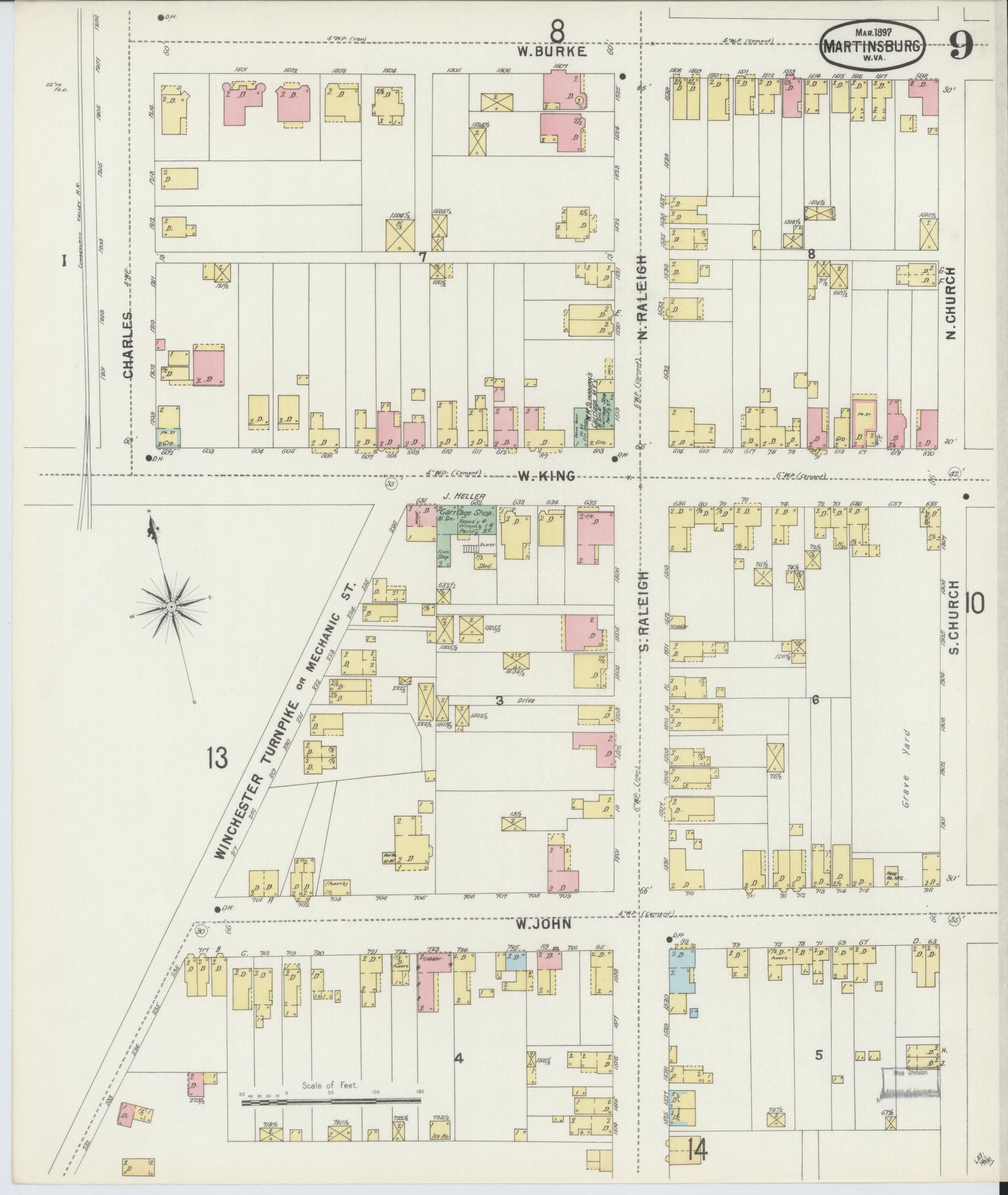 Sanborn Fire Insurance Map from Martinsburg, Berkeley County, West Virginia (1897), Sheet #0009 - Complete Map Set gallery image, historic Sanborn map, vintage wall art, West Virginia West Virginia