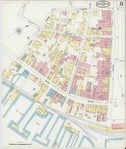 Sanborn Fire Insurance Map from New London, New London County, Connecticut (1896), Sheet #0008 - Complete Map Set gallery image, historic Sanborn map, vintage wall art, Connecticut Connecticut