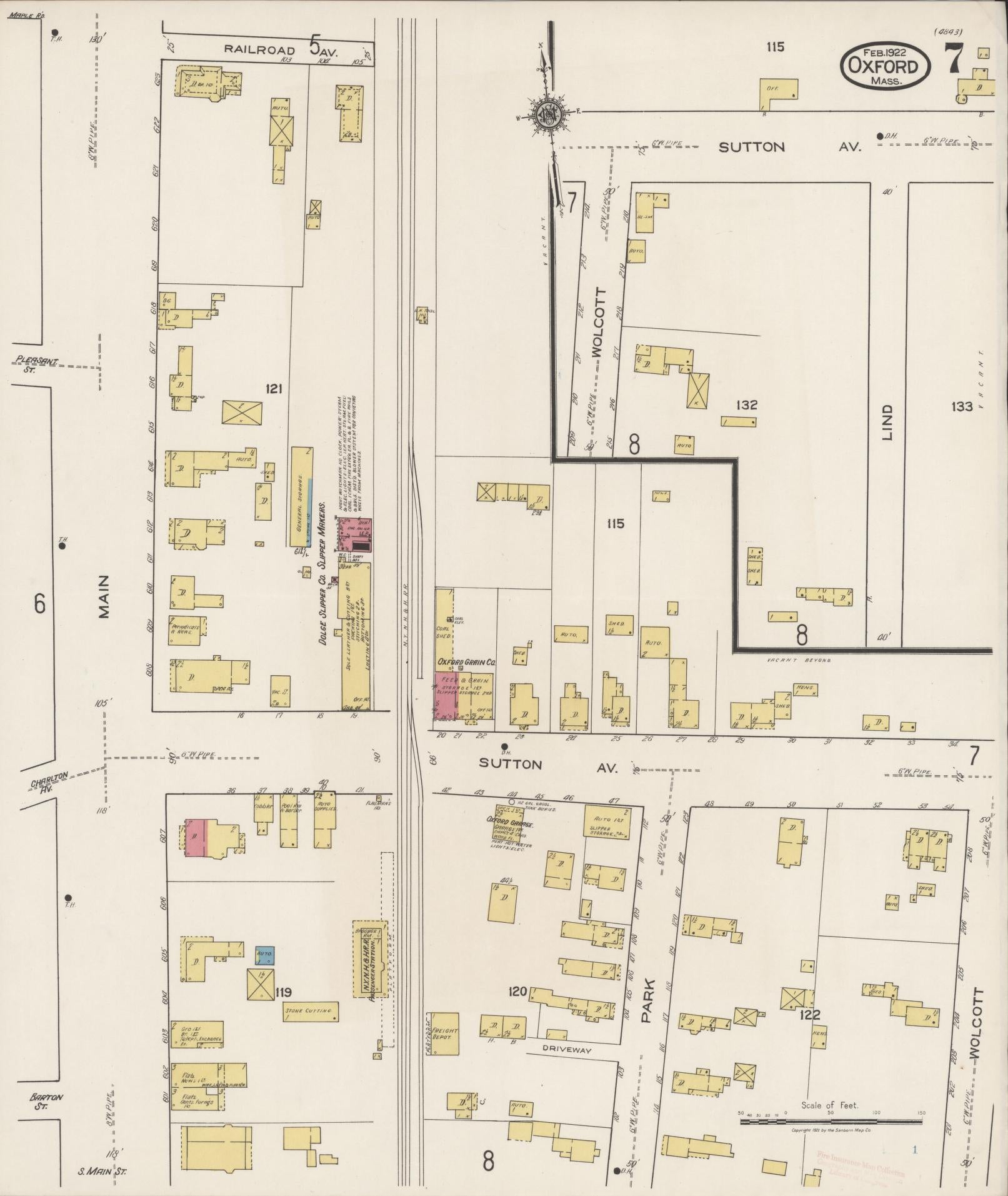 Sanborn Fire Insurance Map from Oxford, Worcester County, Massachusetts (1922), Sheet #0007 - Historic Sanborn Fire Insurance Map Print, vintage old map wall art, antique decor, genealogy gift, Massachusetts Massachusetts map