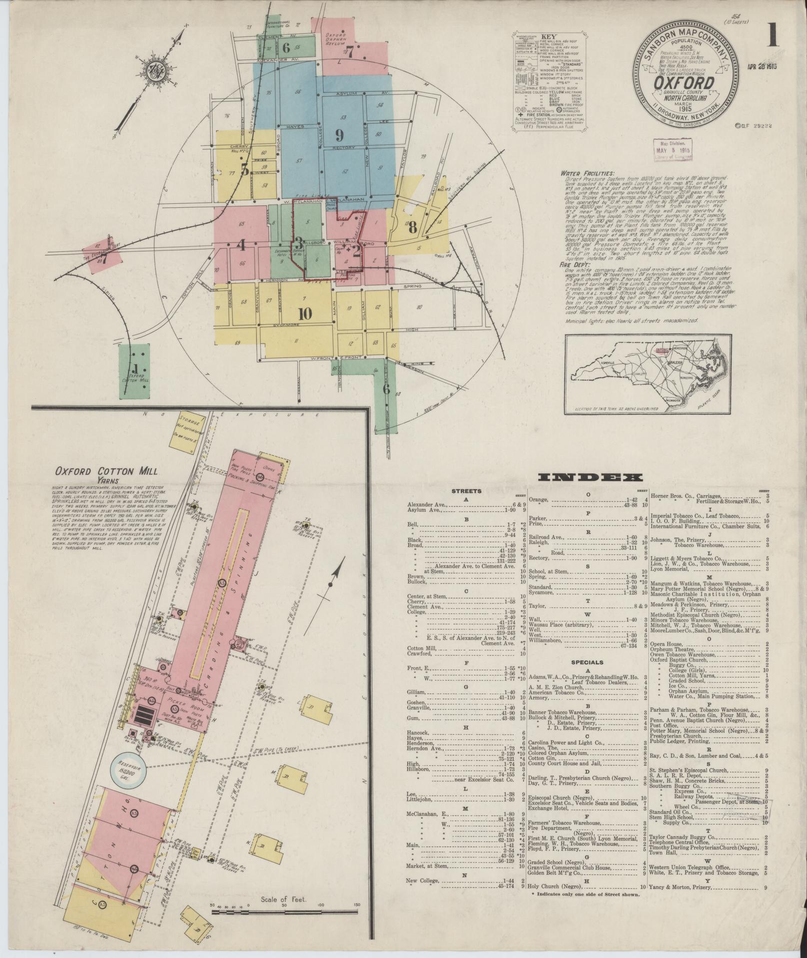 Sanborn Fire Insurance Map from Oxford, Granville County, North Carolina (1915), Sheet #0001 - Complete Map Set gallery image, historic Sanborn map, vintage wall art, North Carolina North Carolina