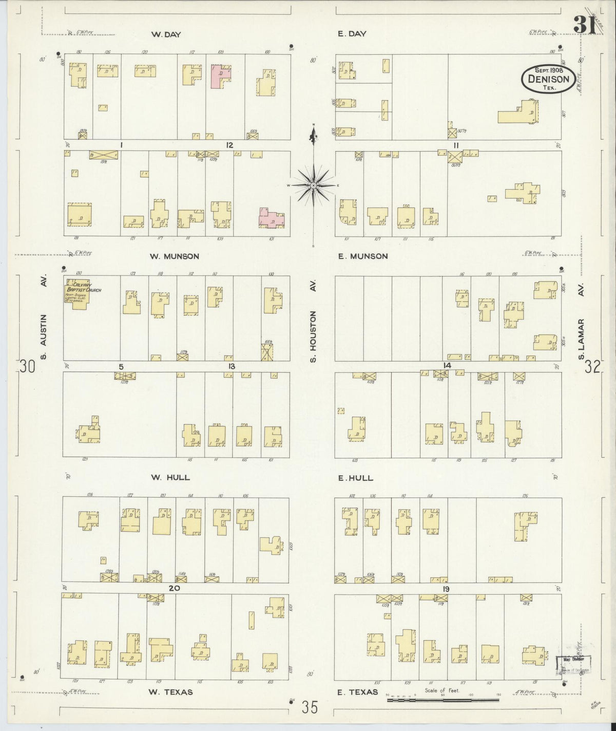Sanborn Fire Insurance Map from Denison, Grayson County, Texas (1908), Sheet #0031 - Complete Map Set gallery image, historic Sanborn map, vintage wall art, Texas Texas