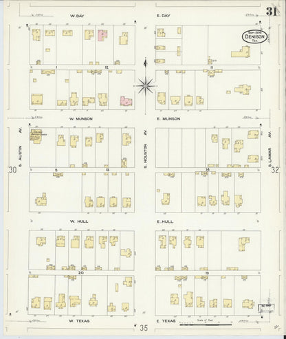 Sanborn Fire Insurance Map from Denison, Grayson County, Texas (1908), Sheet #0031 - Complete Map Set gallery image, historic Sanborn map, vintage wall art, Texas Texas