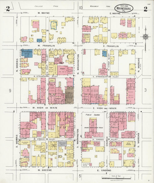 Sanborn Fire Insurance Map from Waynesburg, Greene County, Pennsylvania (1925), Sheet #0002 - Historic Sanborn Fire Insurance Map Print, vintage old map wall art, antique decor, genealogy gift, Pennsylvania Pennsylvania map