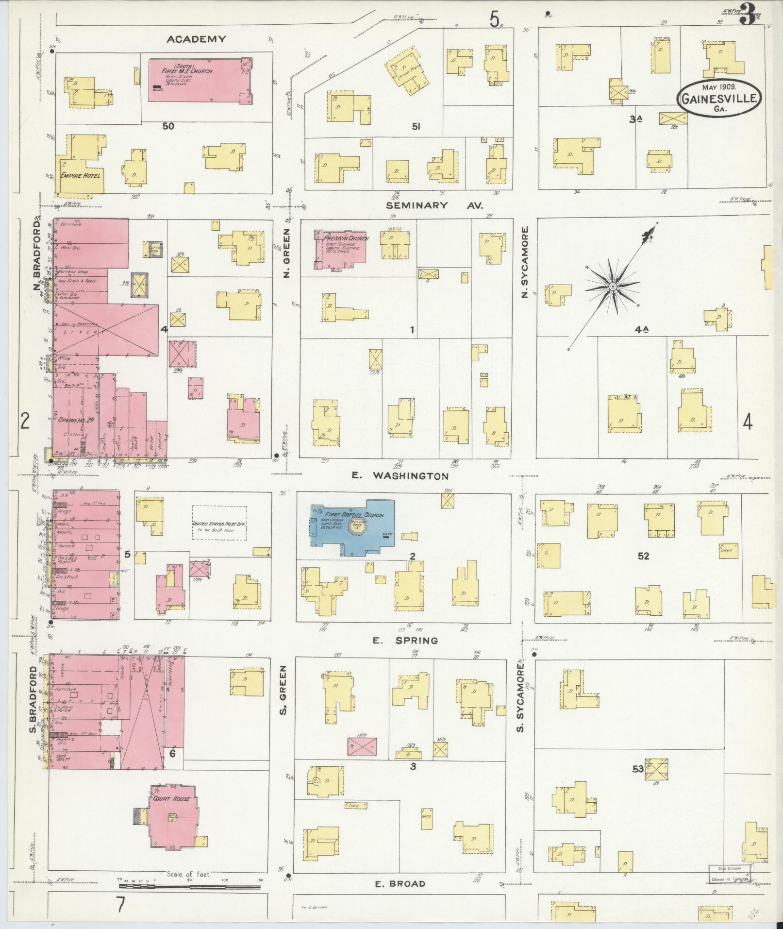 Sanborn Fire Insurance Map from Gainesville, Hall County, Georgia (1909), Sheet #0003 - Complete Map Set gallery image, historic Sanborn map, vintage wall art, Georgia Georgia