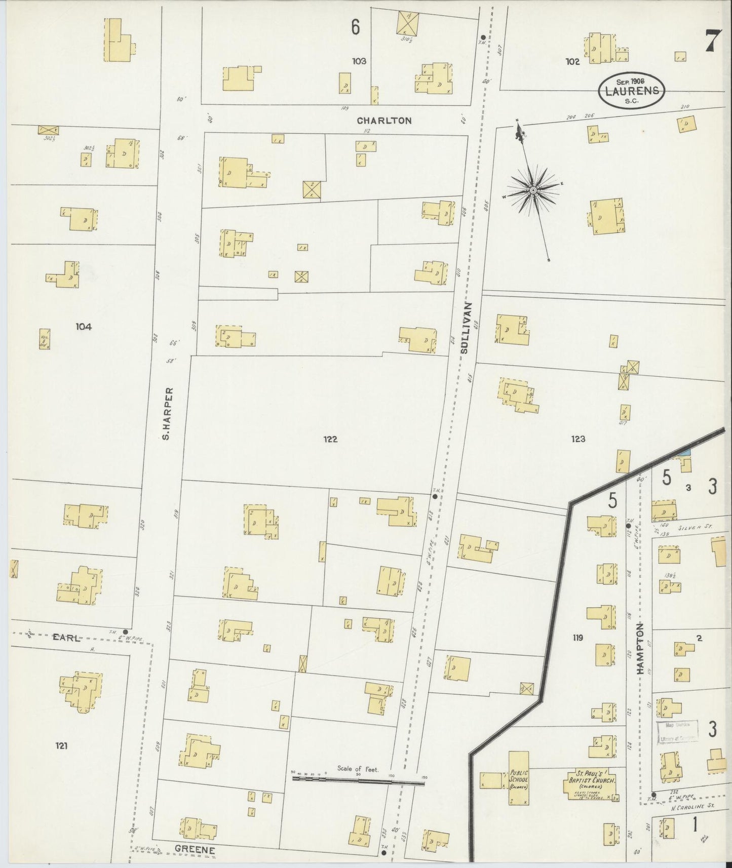 Sanborn Fire Insurance Map from Laurens, Laurens County, South Carolina (1906), Sheet #0007 - Historic Sanborn Fire Insurance Map Print, vintage old map wall art, antique decor, genealogy gift, South Carolina South Carolina map
