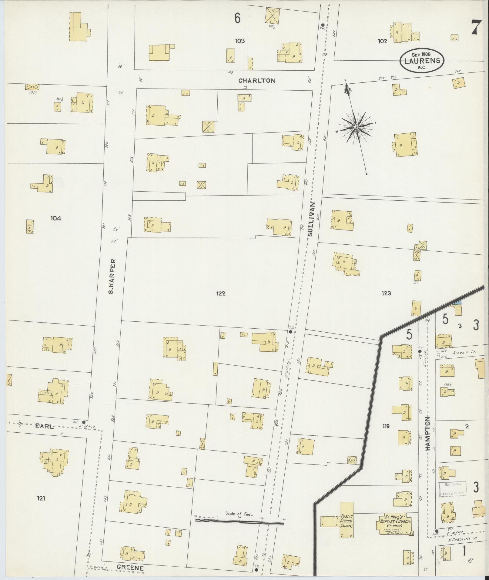 Sanborn Fire Insurance Map from Laurens, Laurens County, South Carolina (1906), Sheet #0007 - Historic Sanborn Fire Insurance Map Print, vintage old map wall art, antique decor, genealogy gift, South Carolina South Carolina map