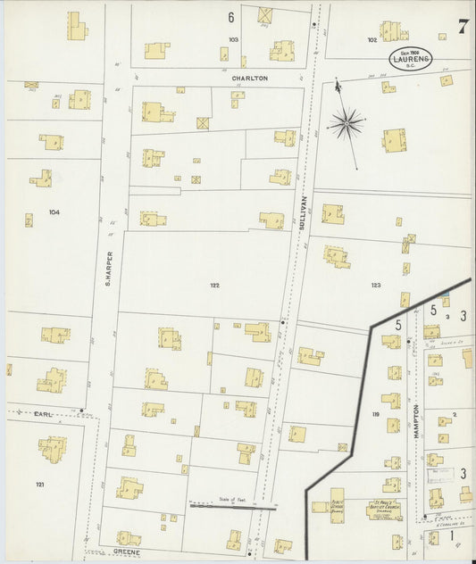 Sanborn Fire Insurance Map from Laurens, Laurens County, South Carolina (1906), Sheet #0007 - Historic Sanborn Fire Insurance Map Print, vintage old map wall art, antique decor, genealogy gift, South Carolina South Carolina map