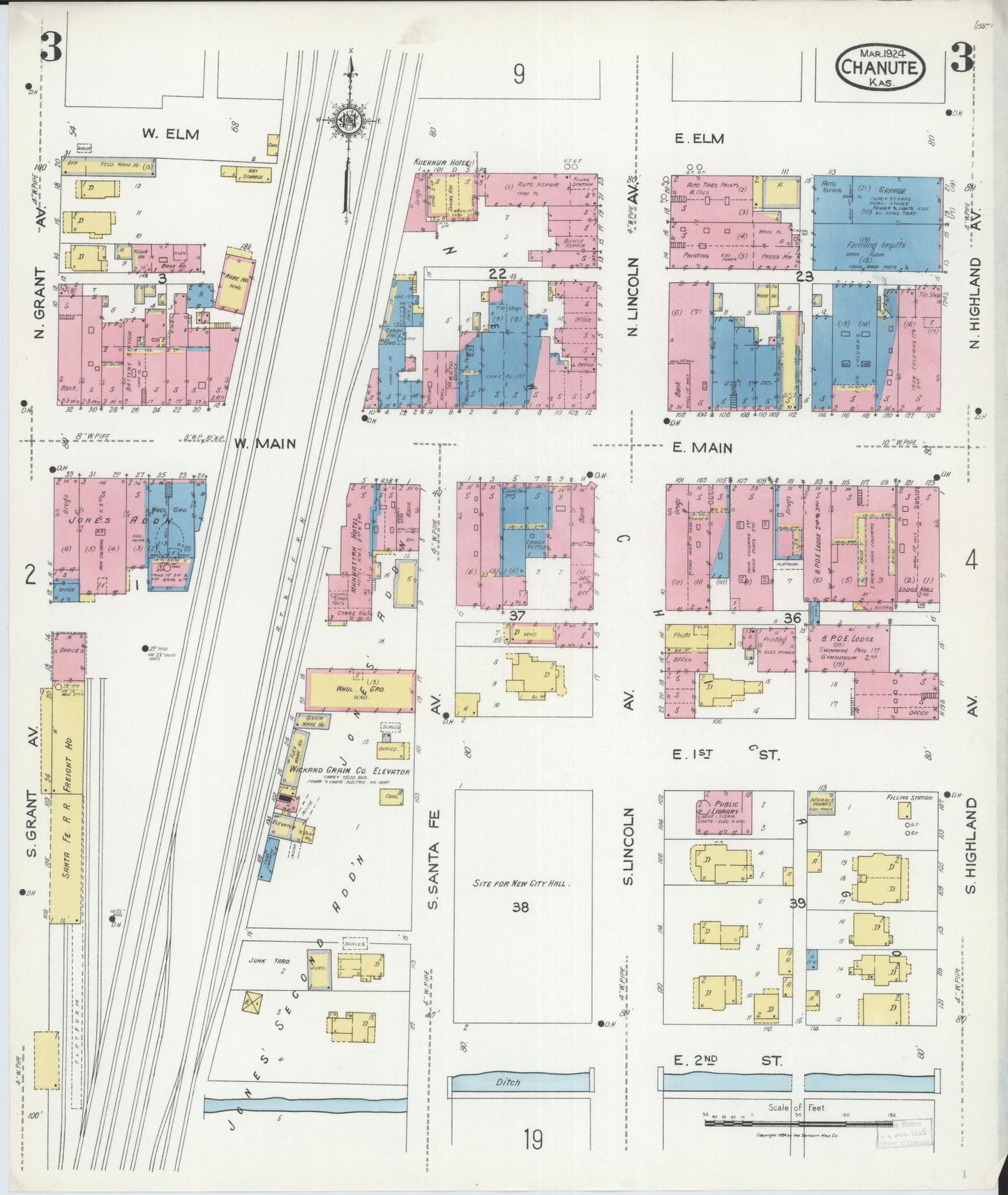 Sanborn Fire Insurance Map from Chanute, Neosho County, Kansas (1924), Sheet #0003 - Complete Map Set gallery image, historic Sanborn map, vintage wall art, Kansas Kansas