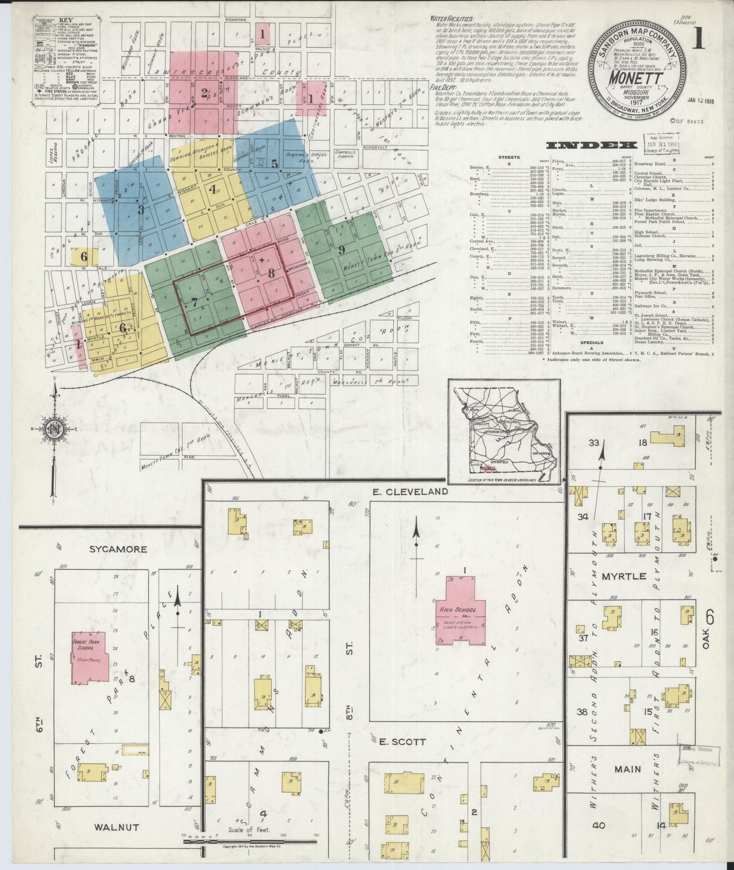 Sanborn Fire Insurance Map from Monett, Barry County, Missouri (1917), Sheet #0001 - Historic Sanborn Fire Insurance Map Print, vintage old map wall art, antique decor, genealogy gift, Missouri Missouri map