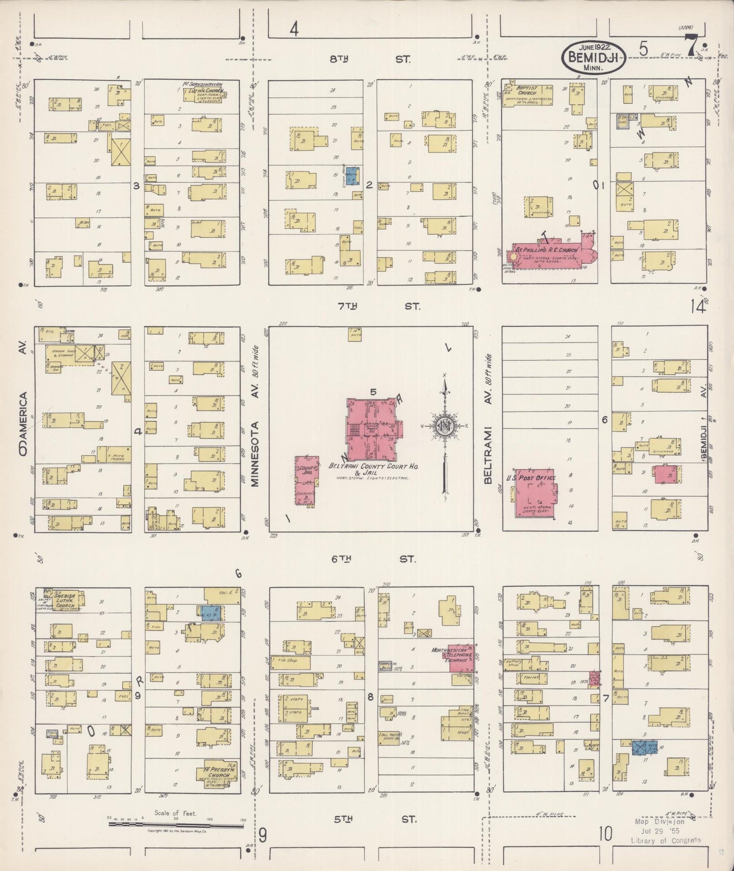 Sanborn Fire Insurance Map from Bemidji, Beltrami County, Minnesota (1922), Sheet #0007 - Historic Sanborn Fire Insurance Map Print, vintage old map wall art, antique decor, genealogy gift, Minnesota Minnesota map