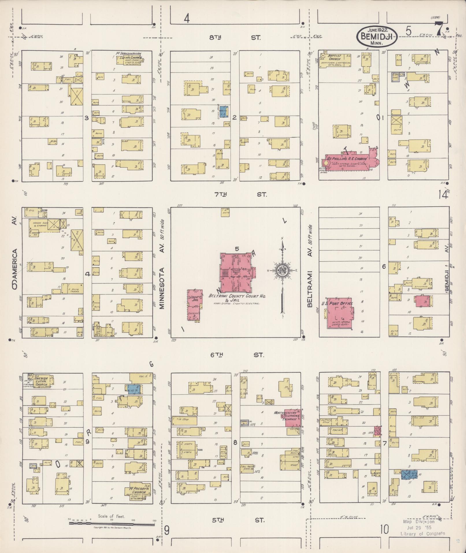 Sanborn Fire Insurance Map from Bemidji, Beltrami County, Minnesota (1922), Sheet #0007 - Historic Sanborn Fire Insurance Map Print, vintage old map wall art, antique decor, genealogy gift, Minnesota Minnesota map