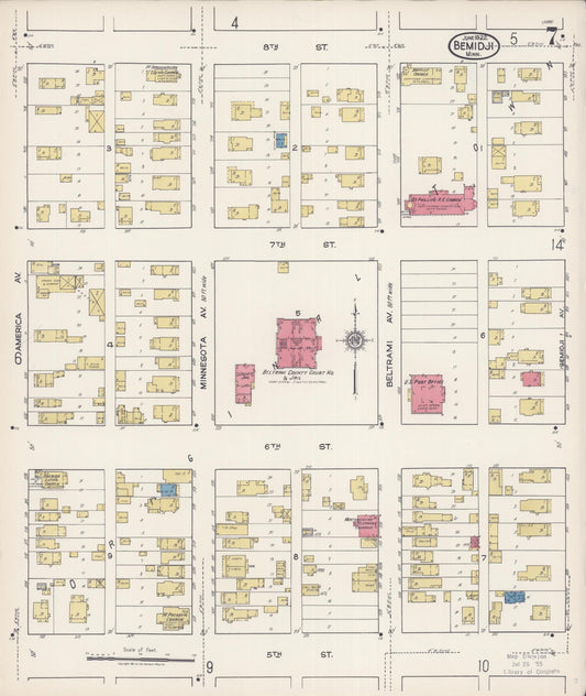 Sanborn Fire Insurance Map from Bemidji, Beltrami County, Minnesota (1922), Sheet #0007 - Historic Sanborn Fire Insurance Map Print, vintage old map wall art, antique decor, genealogy gift, Minnesota Minnesota map