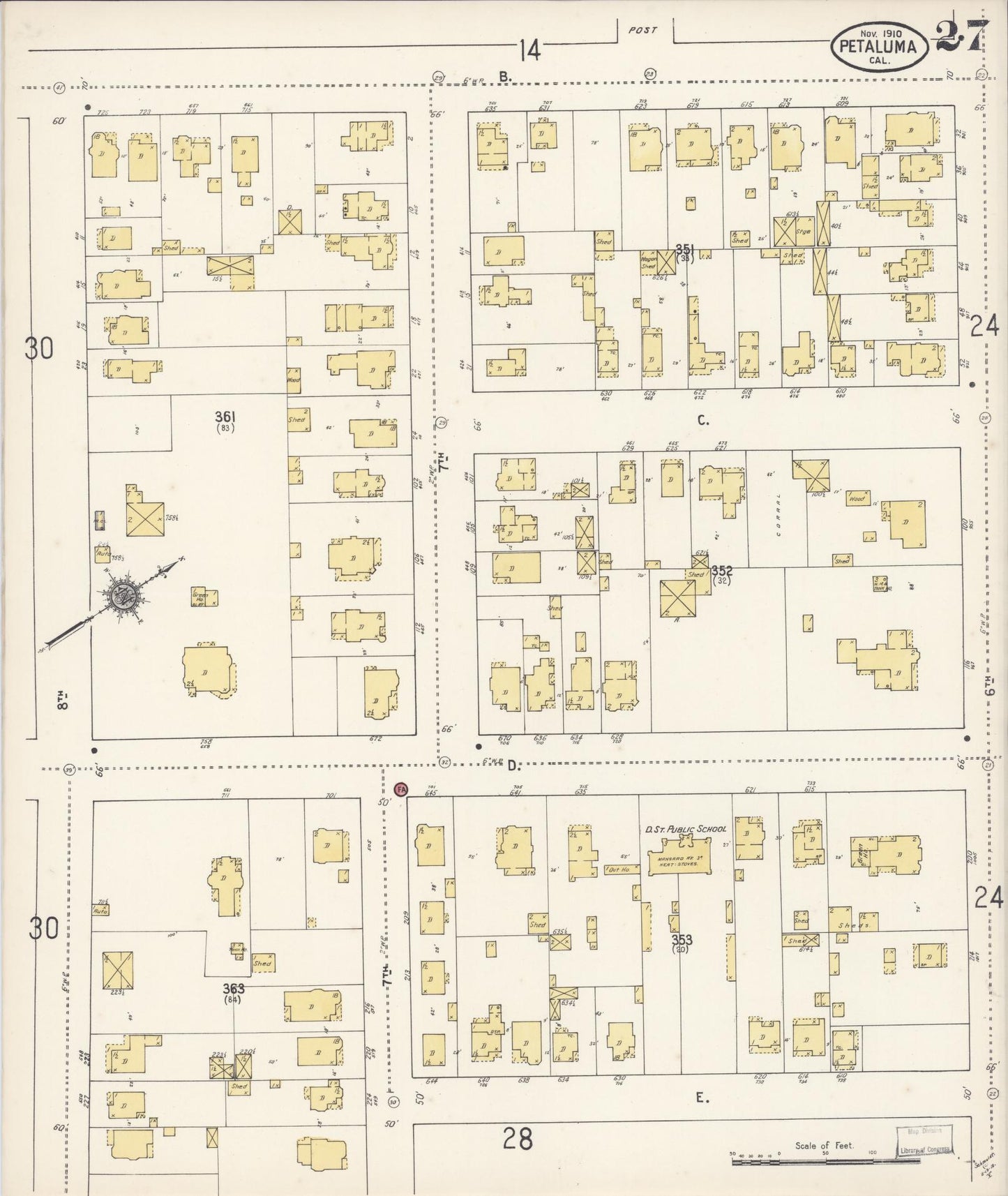 Sanborn Fire Insurance Map from Petaluma, Sonoma County, California (1910), Sheet #0027 - Complete Map Set gallery image, historic Sanborn map, vintage wall art, California California