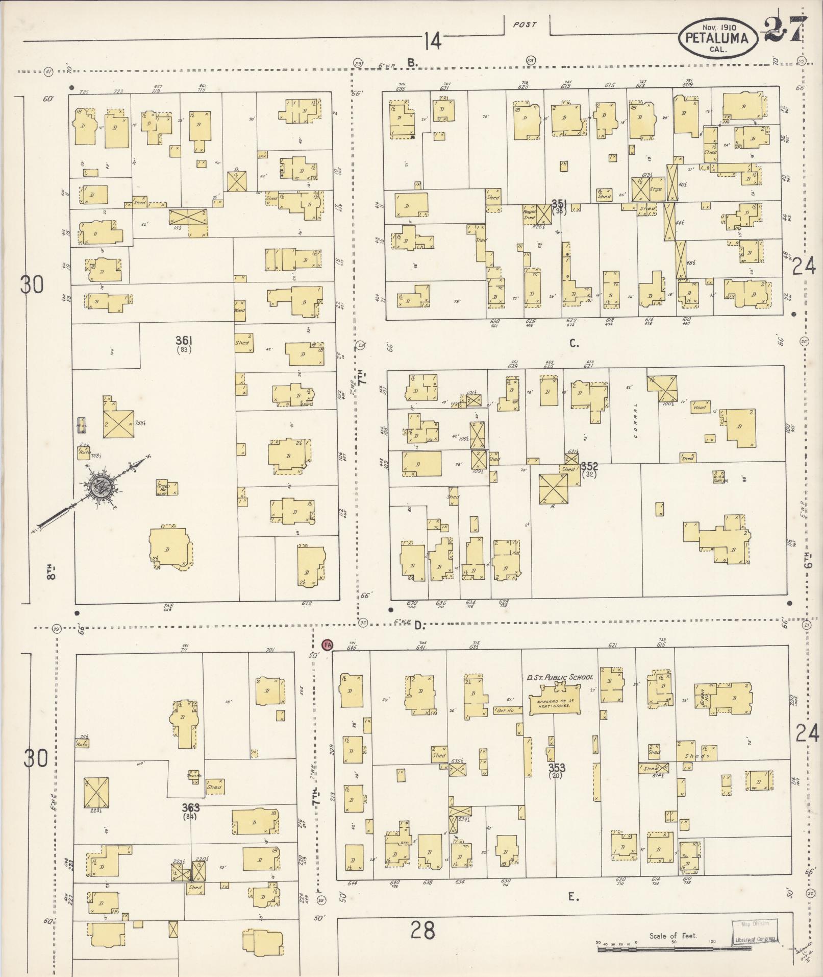 Sanborn Fire Insurance Map from Petaluma, Sonoma County, California (1910), Sheet #0027 - Complete Map Set gallery image, historic Sanborn map, vintage wall art, California California