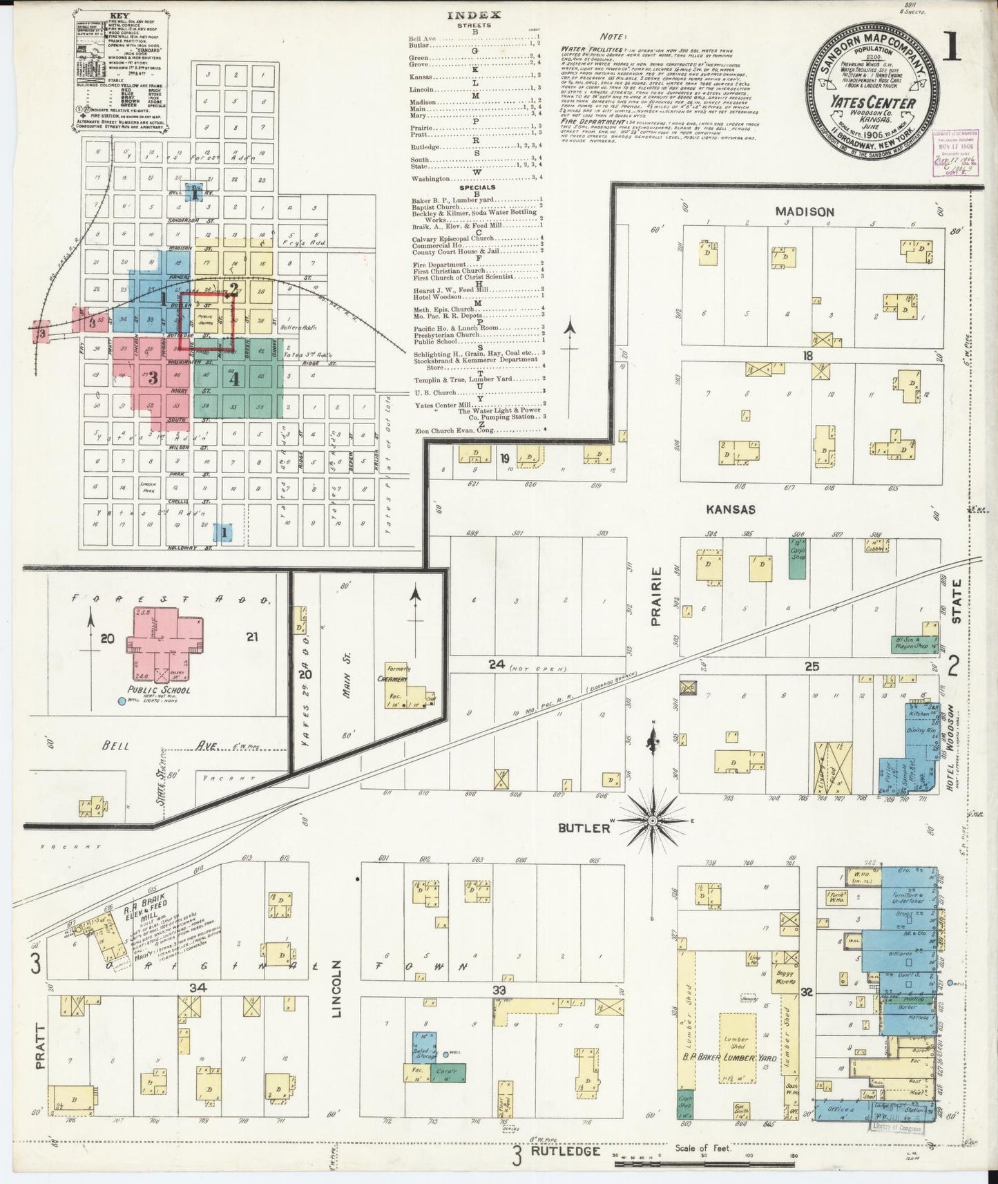Sanborn Fire Insurance Map from Yates Center, Woodson County, Kansas (1906), Sheet #0001 - Complete Map Set gallery image, historic Sanborn map, vintage wall art, Kansas Kansas