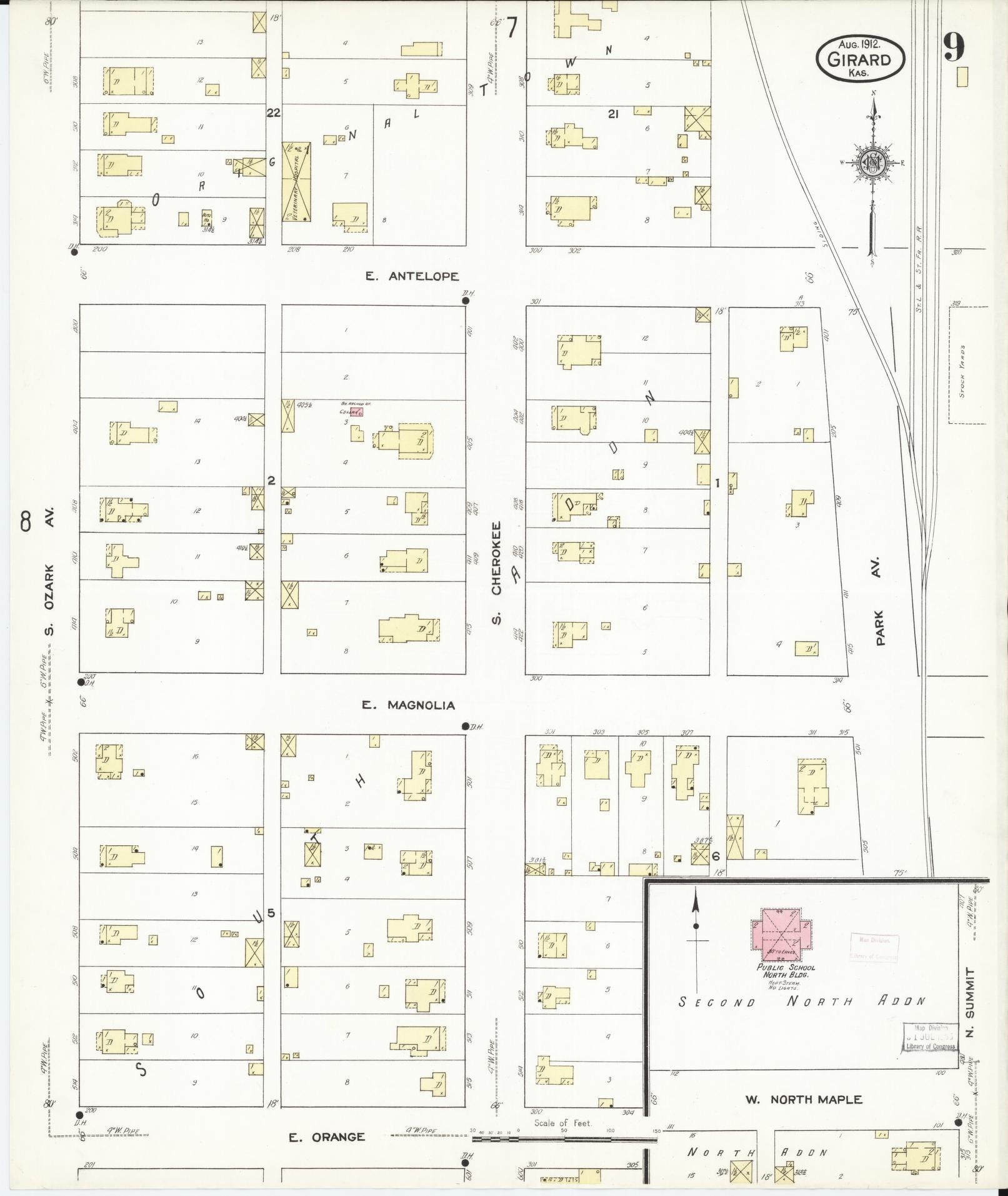 Sanborn Fire Insurance Map from Girard, Crawford County, Kansas (1912), Sheet #0009 - Complete Map Set gallery image, historic Sanborn map, vintage wall art, Kansas Kansas