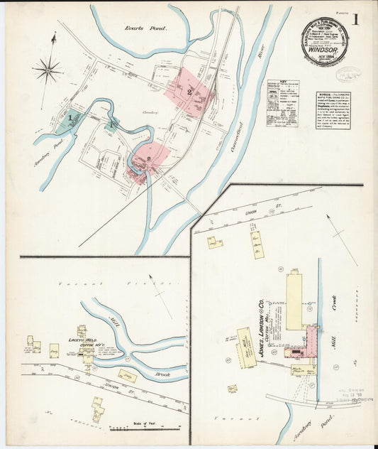 Sanborn Fire Insurance Map from Windsor, Windsor County, Vermont (1884), Sheet #0001 - Historic Sanborn Fire Insurance Map Print, vintage old map wall art, antique decor, genealogy gift, Vermont Vermont map