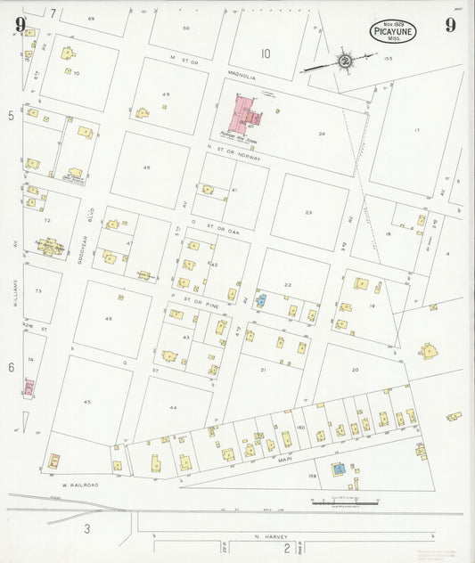 Sanborn Fire Insurance Map from Picayune, Pearl River County, Mississippi (1929), Sheet #0009 - Historic Sanborn Fire Insurance Map Print, vintage old map wall art, antique decor, genealogy gift, Mississippi Mississippi map