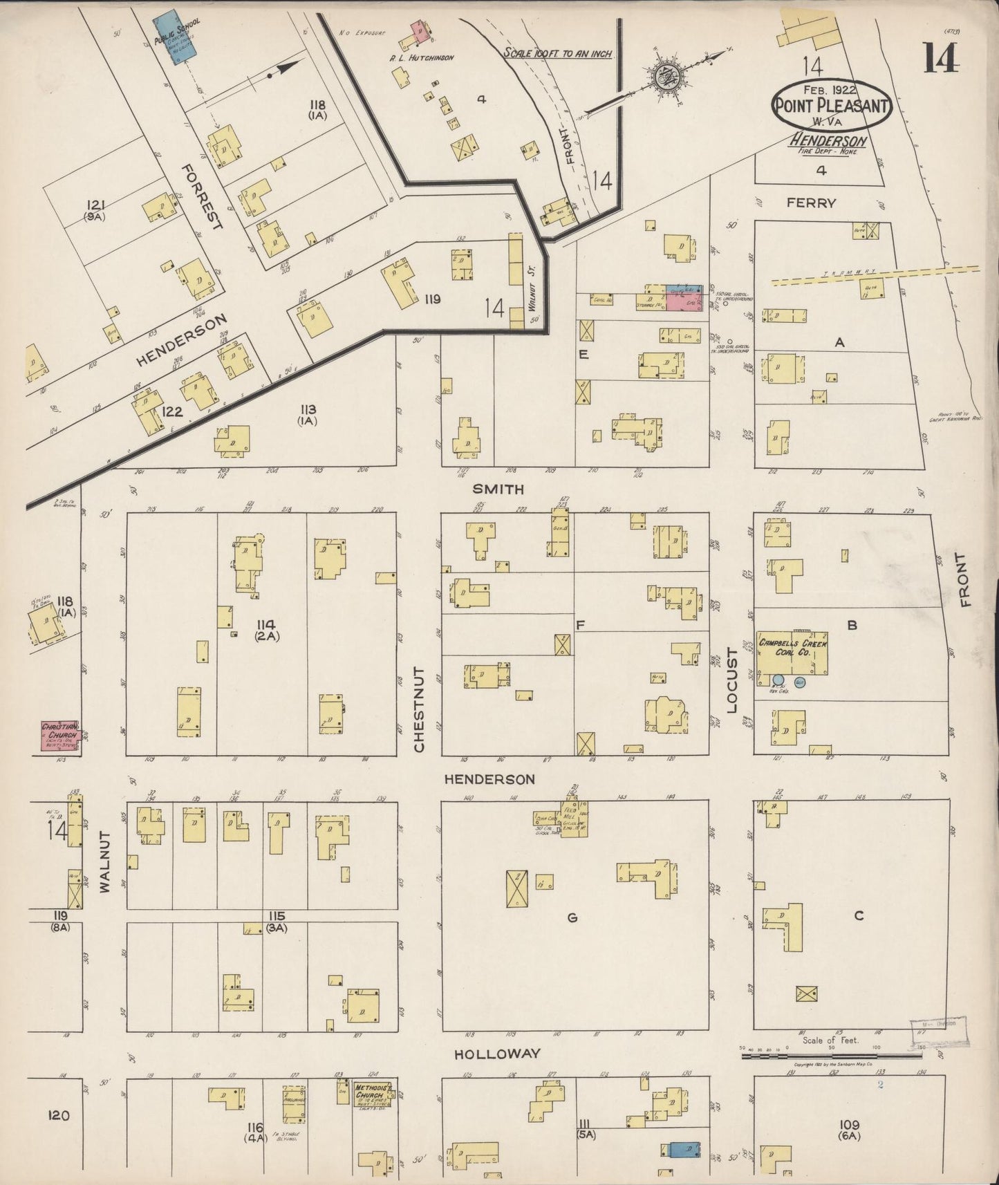 Sanborn Fire Insurance Map from Point Pleasant, Mason County, West Virginia (1922), Sheet #0014 - Historic Sanborn Fire Insurance Map Print, vintage old map wall art, antique decor, genealogy gift, West Virginia West Virginia map