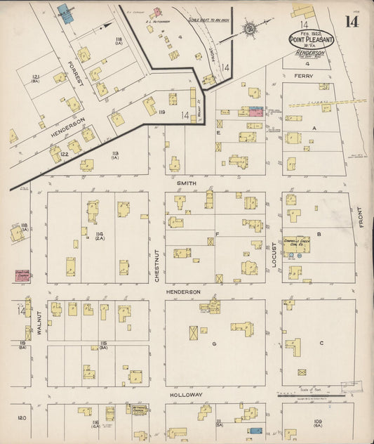 Sanborn Fire Insurance Map from Point Pleasant, Mason County, West Virginia (1922), Sheet #0014 - Historic Sanborn Fire Insurance Map Print, vintage old map wall art, antique decor, genealogy gift, West Virginia West Virginia map