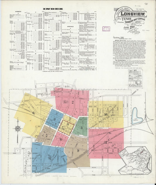 Sanborn Fire Insurance Map from Longview, Gregg County, Texas (1916), Sheet #0001 - Historic Sanborn Fire Insurance Map Print, vintage old map wall art, antique decor, genealogy gift, Texas Texas map