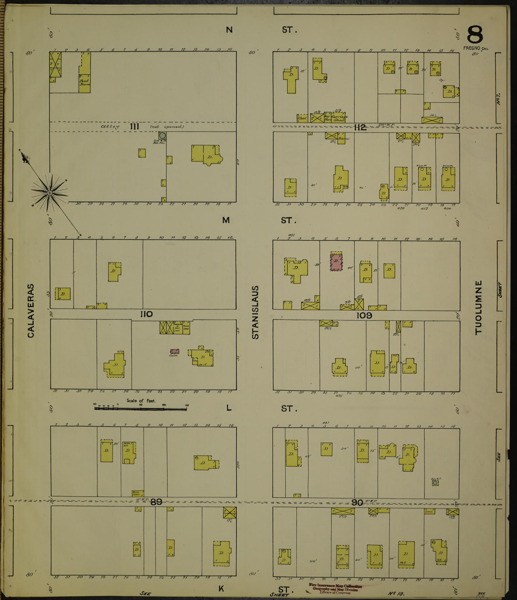 Sanborn Fire Insurance Map from Fresno, Fresno County, California (1888), Sheet #0008 - Historic Sanborn Fire Insurance Map Print, vintage old map wall art, antique decor, genealogy gift, California California map