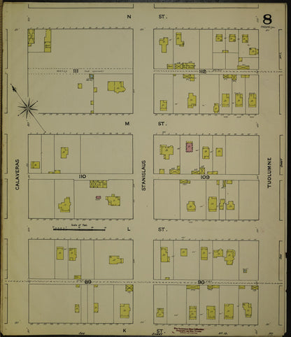 Sanborn Fire Insurance Map from Fresno, Fresno County, California (1888), Sheet #0008 - Historic Sanborn Fire Insurance Map Print, vintage old map wall art, antique decor, genealogy gift, California California map