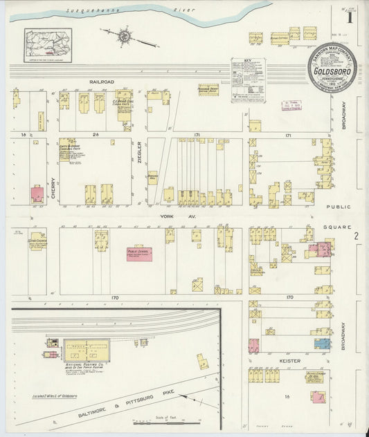 Sanborn Fire Insurance Map from Goldsboro, York County, Pennsylvania (1913), Sheet #0001 - Historic Sanborn Fire Insurance Map Print, vintage old map wall art, antique decor, genealogy gift, Pennsylvania Pennsylvania map