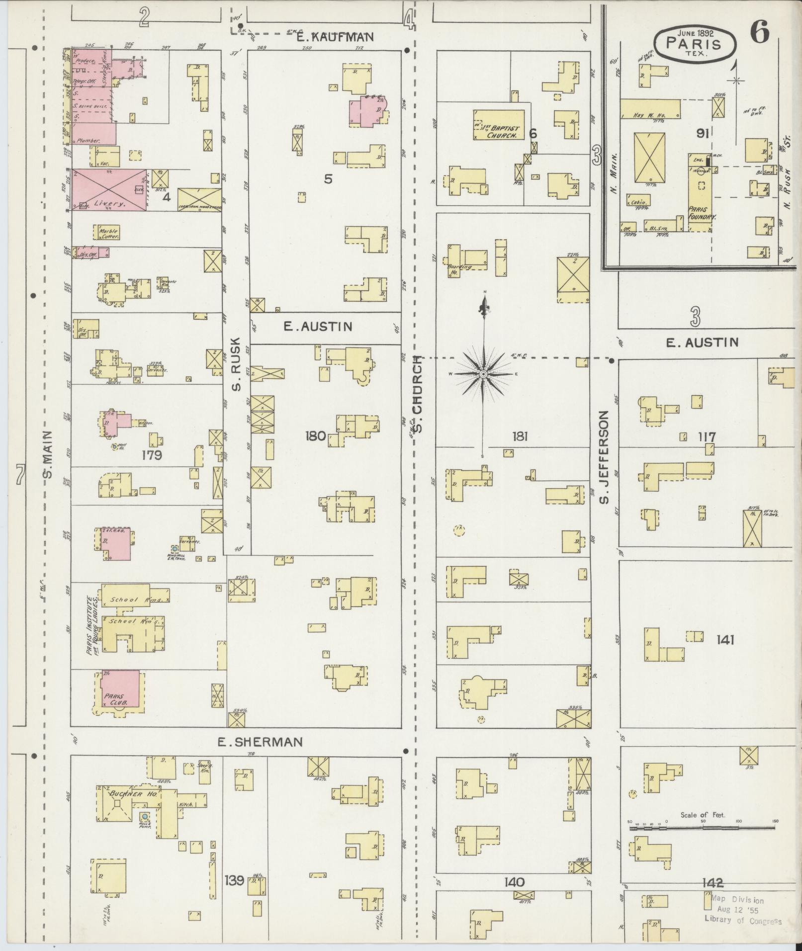 Sanborn Fire Insurance Map from Paris, Lamar County, Texas (1892), Sheet #0006 - Complete Map Set gallery image, historic Sanborn map, vintage wall art, Texas Texas