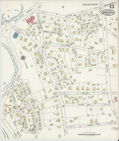 Sanborn Fire Insurance Map from Winchester, Middlesex County, Massachusetts (1921), Sheet #0013 - Historic Sanborn Fire Insurance Map Print, vintage old map wall art, antique decor, genealogy gift, Massachusetts Massachusetts map