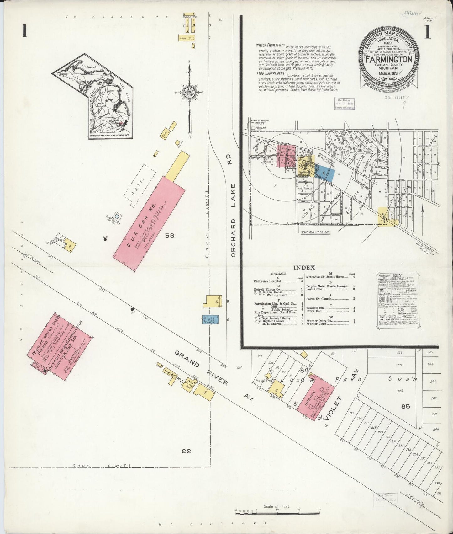 Sanborn Fire Insurance Map from Farmington, Oakland County, Michigan (1926), Sheet #0001 - Complete Map Set gallery image, historic Sanborn map, vintage wall art, Michigan Michigan