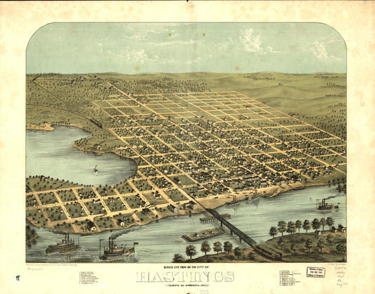 Bird's eye view of the city of Hastings, Dakota Co., Minnesota 1867. (1867) – Historic Bird’s-Eye View Panorama Print